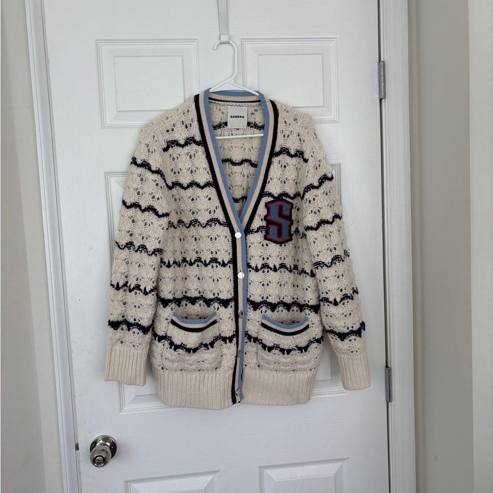 Sandro Cream and Navy Knit Cardigan